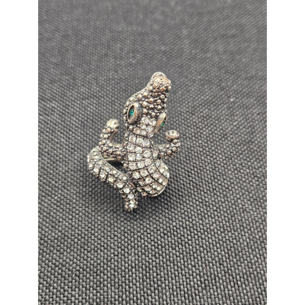 Silver Tone Crocodile Wrap Ring Pave Crystal Green Eyes Size 7.25 Statement